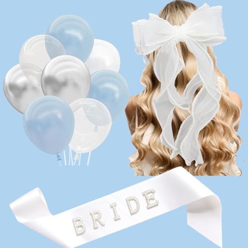 Braut Schärpe + Weiße Perle Haarschleife + Hellblau Weiß Luftballons Junggesellinnenabschied Haarteil Brautdusche Zubehör Braut Schärpe + Weiße Perle Haarschleife + Hellblau Weiß Luftballons Junggesellinnenabschied Haarteil Brautdusche Zubehör von WARRENSON