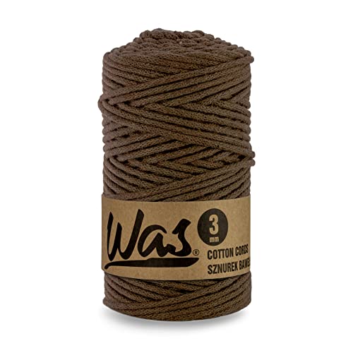WAS Baumwollkordel mit Polyesterkern 3 mm 100m Baumwollgarn DIY Makramee Stricken Cotton Cord braun ideal für Makramee Handwerk Baumwollseil für Basteln von WAS