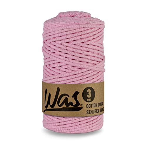 WAS Baumwollkordel mit Polyesterkern 3 mm 100m Baumwollgarn DIY Makramee Stricken Cotton Cord pink ideal für Makramee Handwerk Baumwollseil für Basteln von WAS