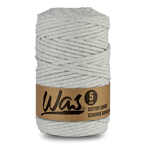 WAS Baumwollkordel mit Polyesterkern 5 mm 100m Baumwollgarn DIY Makramee Stricken Cotton Cord hellgrau ideal für Makramee Handwerk Baumwollseil für Basteln von WAS