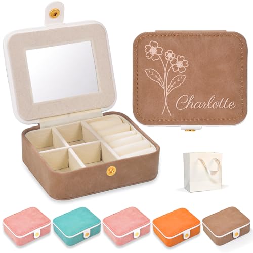 WASHNN Personalisierte Schmuckschatulle, Reise-Schmuckkästchen, PU Kleine Schmuckschatulle, Reise-Mini-Schmuckkästchen, geeignet für Ringe, Ohrringe, Armbänder, Halsketten (Rechteckig braun) von WASHNN