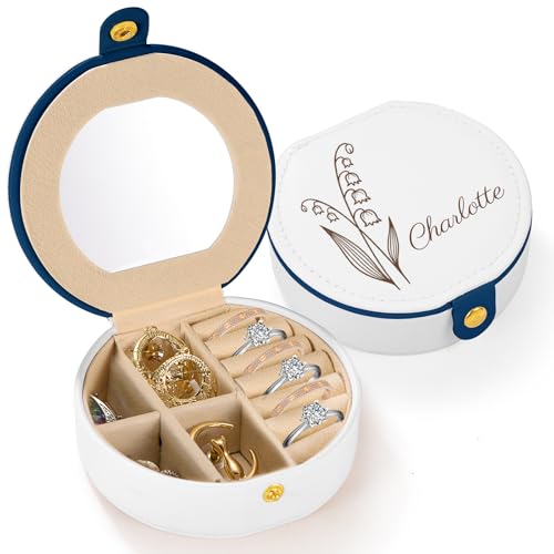 WASHNN Personalisierte Schmuckschatulle, Reise-Schmuckkästchen, PU Kleine Schmuckschatulle, Reise-Mini-Schmuckkästchen, geeignet für Ringe, Ohrringe, Armbänder, Halsketten (Rotondo bianco) von WASHNN