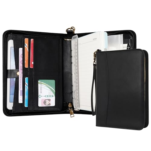 Wason A5 Ringbuch mit Reißverschluss Portfolio - Kunstleder Notizbuch Schreibmappe Padfolio mit Abnehmbarem Nachfüllbarem Schreibblock für Business Studium und Reiseorganizer (Schwarz) von WASON