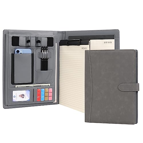 Wason Portfolio A4 Schreibmappe Kunstleder Portfolio mit Telefon Tablet Ständer & Klemmbrett Schreibblock, Ordner Datei Dokumentenhalter Hülle für Organizer Büro Schule Reisen (Grau) von WASON