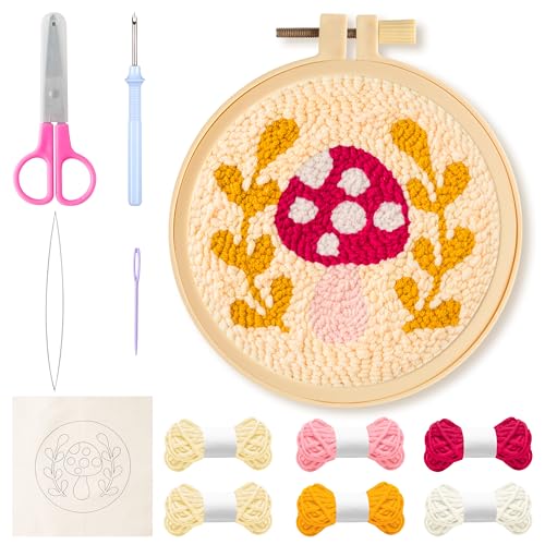 WATINC Punch Needle Set für Anfänger DIY Handwerk Punch Nadel Coaster Kit, einfache Tufted Teppich Dekoration für Anfänger, DIY Coaster Kit mit Klebstoff Filz Garne Stickerei Reifen Anleitung (Pilz) WATINC Punch Needle Set für Anfänger DIY Handwerk Punch Nadel Coaster Kit, einfache Tufted Teppich Dekoration für Anfänger, DIY Coaster Kit mit Klebstoff Filz Garne Stickerei Reifen Anleitung (Pilz) von WATINC