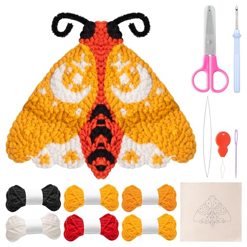 WATINC Punch Needle Set für Anfänger DIY Handwerk Punch Nadel Coaster Kit, einfache Tufted Teppich Dekoration für Anfänger, DIY Coaster Kit mit Klebstoff Filz Garne Stickerei Reifen Anleitung (Motte) von WATINC