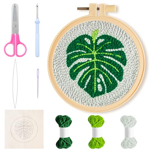 WATINC Punch Needle Set für Anfänger DIY Handwerk Punch Nadel Coaster Kit, einfache Tufted Teppich Dekoration für Anfänger, DIY Coaster Kit mit Klebstoff Filz Stickerei Anleitung (Monstera deliciosa) von WATINC