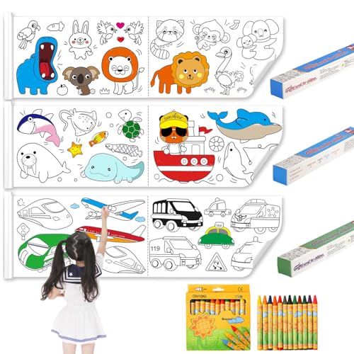 WATUNID 3 Stück Malpapier Rolle, 30x300cm Schneidbare Zeichenrolle mit 12 Farben Wachsmalstifte, Malrolle für Malerei, DIY Ausmalrolle für Design, Klebrbares DIY Malposter für Malerwettbewerb von WATUNID