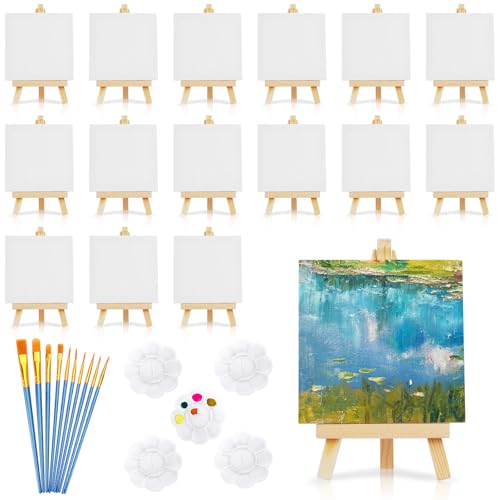 WATUNID Mini-Leinwände zum Malen, 10,2 x 10,2 cm, kleine Leinwandtafeln mit Holzstaffeleien, Kunst-Leinwand-Malset mit 10 Pinseln und 5 Farbschalen, leere Kunstmalleinwände für Künstler, Studenten WATUNID Mini-Leinwände zum Malen, 10,2 x 10,2 cm, kleine Leinwandtafeln mit Holzstaffeleien, Kunst-Leinwand-Malset mit 10 Pinseln und 5 Farbschalen, leere Kunstmalleinwände für Künstler, Studenten von WATUNID