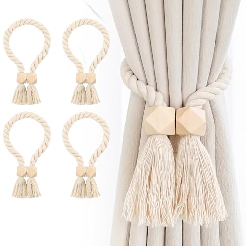 4 Stück Raffhalter für vorhänge - Magnetische Vorhang Raffhalter, Gardinenhalter Vorhanghalter, Gardinenraffer aus Holz Boho,Baumwolle, handgewebt, Raffhalter von WAVATA
