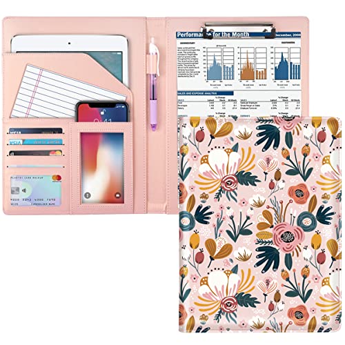 WAVEYU Portfolio-Mappe für Damen, niedliches Padfolio mit Blumen für Mädchen, Konferenz-/Lebenslauf-/Rechtsdokumenten-Organizer mit Klemmbrett in A4-Größe, Visitenkartenhalter, pinke Blume von WAVEYU