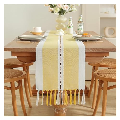 Tischläufer, Baumwolle und Leinen, kontrastierende Farben, Streifen, Weben, Tischläufer, Hochzeitstischdecke, Vintage-Quasten-Tischdecke, gelb,(33 * 305cm) von WAWPU