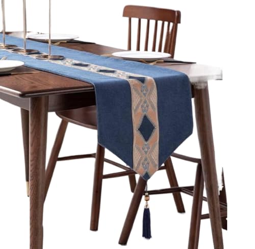 Tischläufer, modische dunkelblaue Raute mit Karierten Streifen, leichtes, luxuriöses Weben, knitterfrei, Herbst-Tischläufer for Hochzeitsfeier, dunkelblau,(33 * 180cm) von WAWPU