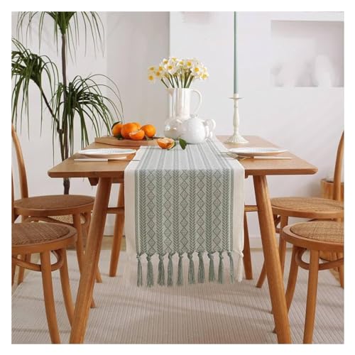 Tischläufer,geometrisches Dreiecksmuster, Flacher Winkel mit Quasten, Tischläufer, Polyester-Tischdekoration for Feiertagspartys und den täglichen Gebrauch, grün,(33 * 220cm) von WAWPU