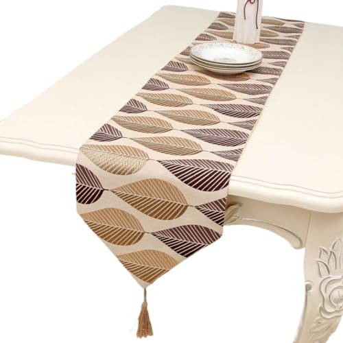 WAWPU Tischläufer, Boho-Tischläufer aus Blatt-Jacquard-Baumwolle und Leinen mit Quasten, rustikaler Bauernhaus-Tischläufer for böhmischen Esstisch, Kaffee,(32 * 180cm) von WAWPU