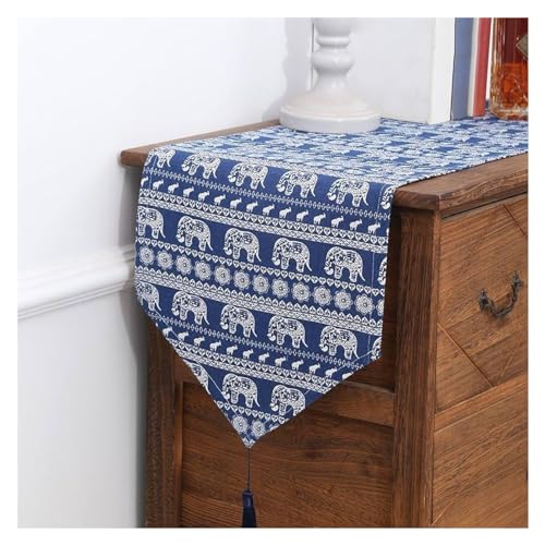 WAWPU Tischläufer, Ethno-Stil, Baby-Elefant-Muster, dreieckiges Design, Quasten, Tischläufer-Dekorationen, rustikaler Bauernhaus-Tischläufer, blau,(30 * 220cm) von WAWPU