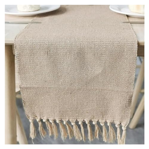 WAWPU Tischläufer, Klassische einfarbige Tischläufer aus Baumwolle und Leinen, Hochzeitstischdecke, modisch mit Quaste, Feiertagsparty-Dekoration, Khaki,(33x140cm) von WAWPU
