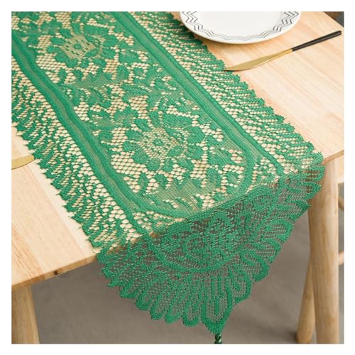 WAWPU Tischläufer, Tischläufer mit Spitzen Dreiecksquasten – gehäkelte Hohle Blumenstickerei, knitterfrei, Herbst-Tischläufer, grün,(33 * 137cm) von WAWPU
