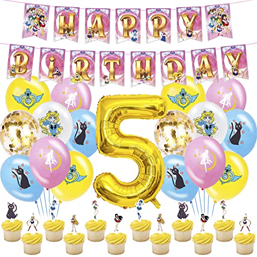 Geburtstag Deko Set 52 pcs, Geburtstagsparty Liefert, Luftballons, Gold Nummer 5 Ballon, Cupcake Topper, Geburtstag Banner, für Kinder Geburtstag Party von WBKJDM