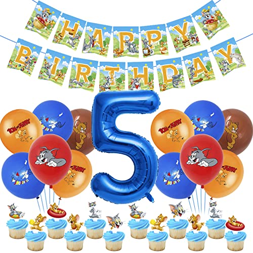 Geburtstag Deko Kit 43 pcs, Partyzubehör, Luftballons, Blau Nummer 5 Ballon, Happy Birthday Banner, Cupcake Topper, für Kindergeburtstage Party von WBKJDM