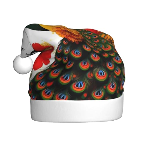 WBQLSL 39,9 cm große Unisex-Weihnachtsmann-Plüschmütze, Weihnachten, Neujahr, Party, Weihnachtsmannmütze, Pfauen-rote Blume, Erwachsene, universeller Weihnachtsmannhut von WBQLSL