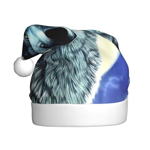 WBQLSL 39,9 cm große Unisex-Weihnachtsmann-Plüschmütze, Weihnachten, Neujahr, Party, Weihnachtsmannmütze, Wolf unter Mond, universelle Weihnachtsmütze für Erwachsene von WBQLSL
