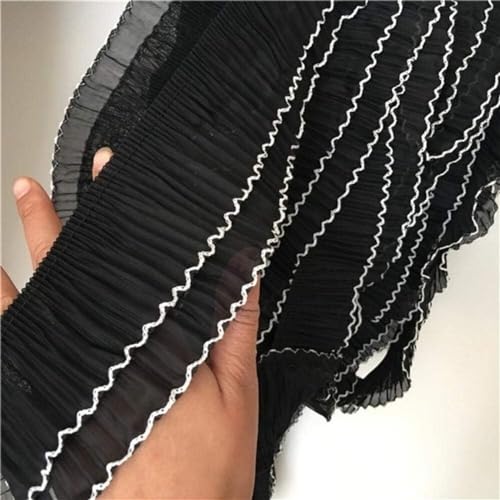 WBTAJZHY Fransenbesatz, 7 cm breit, zweilagig, elastisch, plissiert, Chiffon, Rüschenbesatz, Band, gefaltet, Spitzenkragen, Applikation, DIY-Kleid, Nähen, Quaste, Fransensaum, Dekor, Weiß(Black) von WBTAJZHY