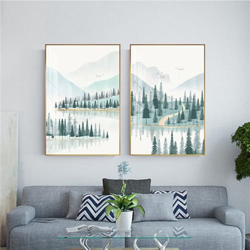 Wandkunstdrucke,2 Bilder Set-Abstraktes Winterwaldgemälde Nordisches Bergblick Poster und Druck Moderne Cartoon Wandkunst für Wohnzimmer Küche Schlafzimmer Dekoration-50*60cm/20*24 Zoll(ungerahmt) von WBYZAC