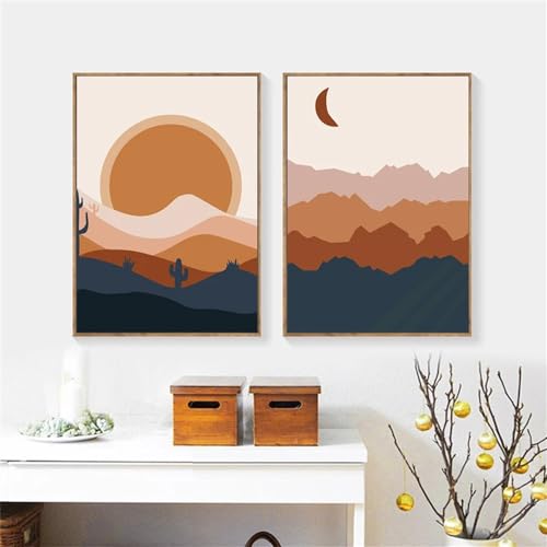 Wandkunstdrucke,2 Stück-Abstrakte Boho Landschaftsbilder Mond Sonne Poster und Drucke Vintage Wandkunst Nordischer Wald Leinwandmalerei für Büro Schlafzimmer Dekor-30*50cm/12*20 Zoll(ungerahmt) von WBYZAC