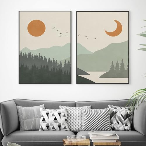 Wandkunstdrucke,2 Stück-Boho Leinwand Poster Abstrakte Sonne und Mond Über Grünen Berg Wand Mid Century Kunstdrucke Nordisch Wand Bilder Schlafzimmer Wohnzimmer Dekor-30*50cm/12*20 Zoll(ungerahmt) von WBYZAC