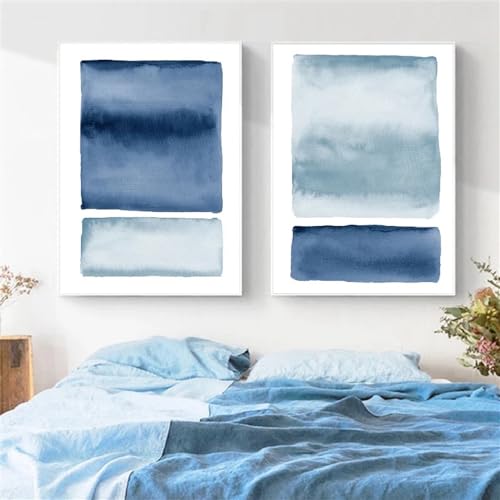 Wandkunstdrucke,Set Von 2-Abstrakte Marineblaue Aquarelldrucke Kunstwerk Minimalistische Wandkunst Bilder Poster Büro Küche Dunkelblau Wohnkultur Leinwandgemälde-50*60cm/20*24 Zoll(ungerahmt) von WBYZAC