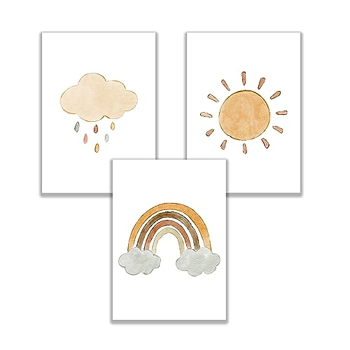 3er Bilder-Set Kinderzimmer Wanddeko - Boho Regenbogen Wolke Sonne Babyzimmer Bilder - Niedliche Wandbilder für Kinder (DIN A4) von WBdesignz