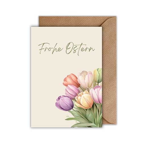 Frohe Ostern Karte mit Umschlag - Tulpen – florale Ostergrußkarte für Freundinnen, Familie & Kollegen – Frühlingskarte mit Blumenmotiv – Klappkarte (DIN A6) von WBdesignz