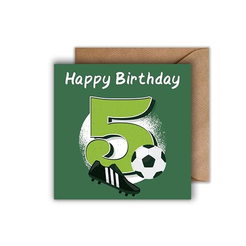 Fußball Geburtstagskarte zum 5. Geburtstag für Jungen mit Umschlag – Klappkarte mit Ball & Schuh Motiv in Grün sportlich, cool, kindgerecht (125 x 125 mm) von WBdesignz