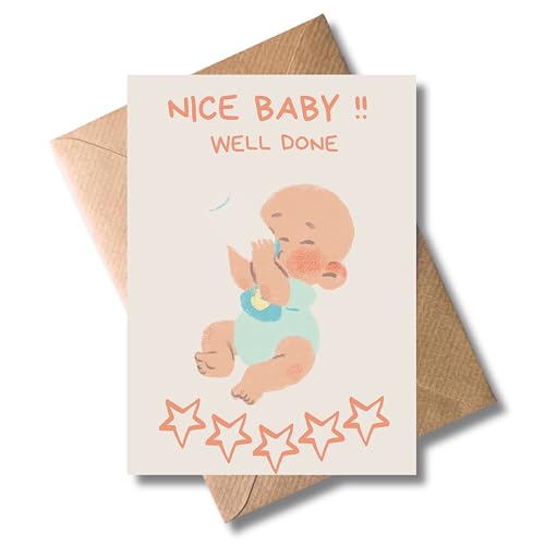 Geburtskarte „Nice Baby – Well Done“ – lustige Glückwunschkarte zur Geburt | 5 Sterne Baby Bewertung | originelle Klappkarte für frischgebackene Eltern | DIN A6 inkl. Umschlag von WBdesignz