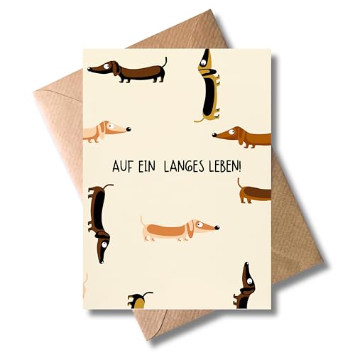 Dackel Geburtstagskarte mit Kraftpapierumschlag – Lustige Klappkarte mit Spruch „Auf ein langes Leben“ – für Männer, Frauen, Freunde & Hundeliebhaber – DIN A6 von WBdesignz