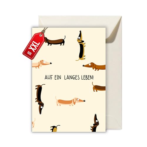 Geburtstag Karte mit Umschlag - Geburtstagskarte “Auf ein Langes Leben” Dackel Wortwitz Wortspiel Karrikatur Visueller Witz Geschenkkarte zum Geburtstag Geburtstagsgruß (XXL DIN A4) von WBdesignz
