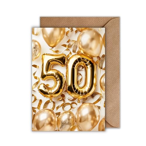 Geburtstagskarte 50 Jahre mit Umschlag - mit goldenen Ballons – edle Klappkarte zum fünfzigsten - Geburtstag (DIN A6) von WBdesignz