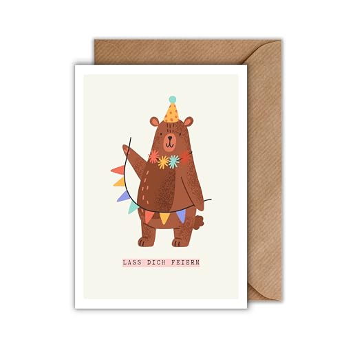 Geburtstagskarte mit Bär – Lass dich feiern – süße Klappkarte DIN A6 mit Umschlag – lustige Tier-Grußkarte für Kinder & Erwachsene – Geburtstag Humor Karte von WBdesignz