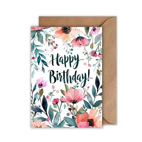 Geburtstagskarte mit Blumen – Happy Birthday Karte mit floraler Aquarell-Illustration – Klappkarte DIN A6 mit Umschlag – elegante Grußkarte zum Geburtstag für Frauen, Freundinnen & Familie von WBdesignz