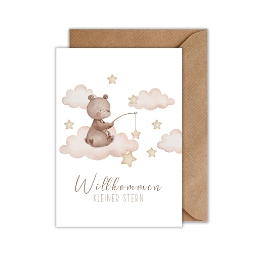 Glückwunschkarte Geburt Willkommen Kleiner Stern Geburt Klappkarte Bär Geburtskarte mit Umschlag (DIN A6) von WBdesignz
