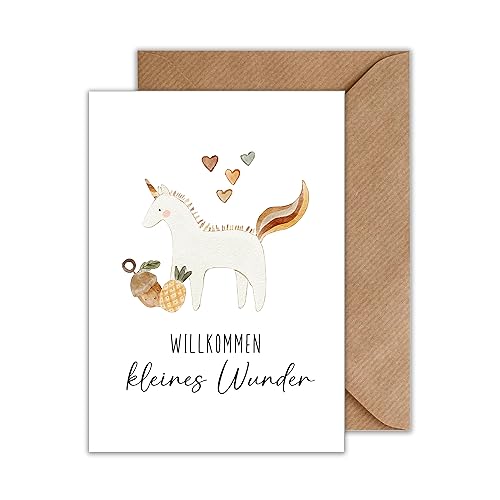 Glückwunschkarte Geburt mit Umschlag - Willkommen Kleines Wunder Geburt Klappkarte Einhorn Geburtskarte Glückwüsche Eltern Baby Kind Familie Mama Papa (DIN A6) von WBdesignz
