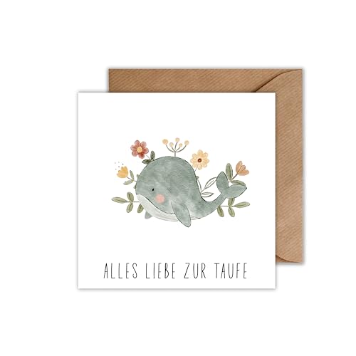 Taufkarte mit Umschlag - Alles Liebe zur Taufe Wal mit Blumen - Taufgeschenk Karte zur Taufe als Klappkarte (125 x 125 mm) von WBdesignz