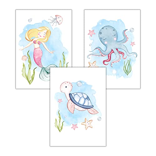 WBdesignz Kinderzimmer Poster Mädchen Babyzimmer Bilder 3er Set Meerjungfrau Schildkröte Tintenfisch (DIN A4, ohne Rahmen) von WBdesignz