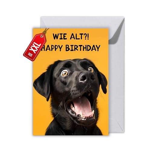 Lustige Geburtstagskarte Hund – Witzige Klappkarte DIN A6 „WIE ALT?! Happy Birthday“ – Humorvolle Grußkarte mit Umschlag für Männer, Frauen, Freunde & Kolleginnen (XXL DIN A4) von WBdesignz