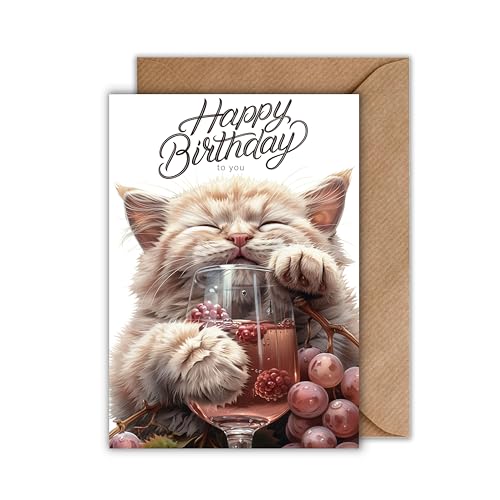 Lustige Geburtstagskarte Katze – Happy Birthday Karte mit Weinmotiv – Klappkarte mit Umschlag – Humorvolle Grußkarte zum Geburtstag für Frauen, Katzenfans & Weinliebhaber – DIN A6 von WBdesignz