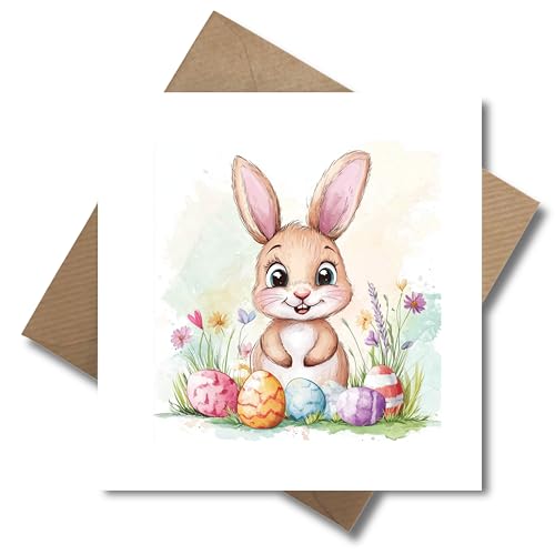 Osterkarte mit Hase – Süße Grußkarte zu Ostern für Kinder, Freunde, Familie & Kollegen – Klappkarte mit Umschlag – Niedlicher Osterhase & bunte Eier im Aquarell-Stil (125 x 125mm) von WBdesignz