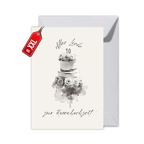 Rosenhochzeit Karte – „Alles Liebe zur Rosenhochzeit“ – 10 Jahre Ehe – Klappkarte mit Umschlag – elegante Jubiläumskarte für Paare, Ehepartner oder Freunde (XXL DIN A4, Rosenhochzeit) von WBdesignz