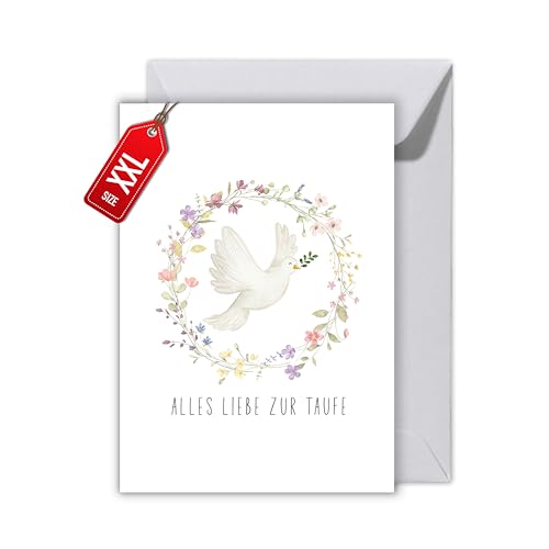 Taufkarte „Alles Liebe zur Taufe“ mit Umschlag - Taubenmotiv – elegante Klappkarte zur Taufe eines Mädchens oder Jungen – religiöse Glückwunschkarte - zart (XXL DIN A4) von WBdesignz