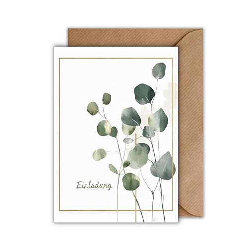 WBdesignz 10er Einladung Karte Hochzeit mit Umschlag - Einladungskarte zur Hochzeitsfeier Gold Rahmen Eukalyptus Trauung Brautpaar Liebe Verlobung Hochzeitskarte (DIN A6) von WBdesignz